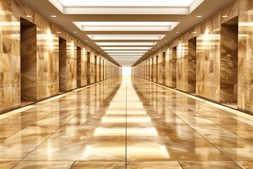 Luxurious Art Deco style corridor with polished golden marble walls and reflective floor, illuminated by LED strip lights.