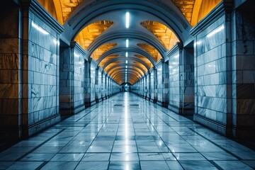 A long, marble corridor with arches, illuminated by warm, symmetrical ceiling lights, showcasing Art Deco influences in its architectural design.