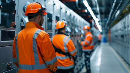 Industrial electricians in high-visibility vests examining electrical panels in a distribution facility.