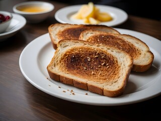 Toasted bread on white plate in the cafe table. Ai Generative.