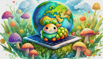 oil painting style  CARTOON CHARACTER CUTE baby green caterpillar game of lap top 