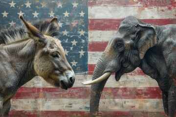 Elephant vs donkey political debate. Metaphor with Republicans and Democrats in US politics.