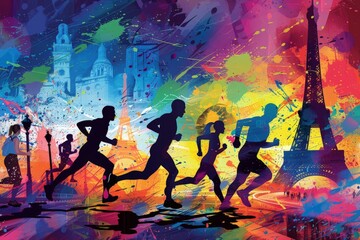 Paris Marathon Runners Against Colorful Backdrop. Generative AI Illustration.