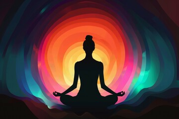 A woman is sitting in a lotus position in front of a colorful, glowing circle