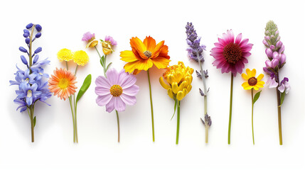 Collection of various flowers isolated, Each flower arranged neatly in a row on a white background