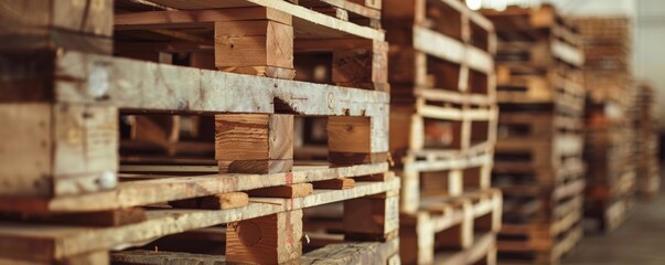 Stacked wooden pallets in warehouse
