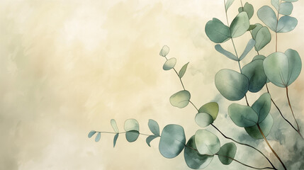 Elegant watercolor eucalyptus branches on a textured beige artistic eco-background, perfect for home decor, for soothing visual content in wellness and natural beauty themes