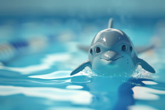 smiling cartoon dolphin swimming in pool, 3d illustration for aquatic themes