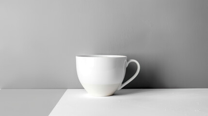 minimalistic white coffee cup on a bright table, 3d mockup for brand design