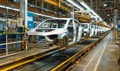 The image shows an assembly line in a busy factory where modern cars are mass-produced. Robots and workers work together to ensure continuous production and high quality of each vehicle.