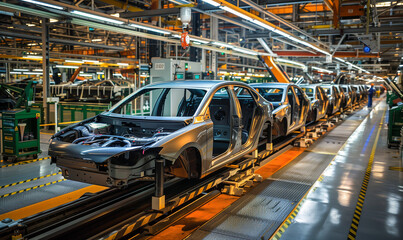 Fototapeta premium The image shows an assembly line in a busy factory where modern cars are mass-produced. Robots and workers work together to ensure continuous production and high quality of each vehicle.