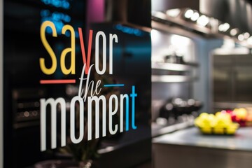 A sign that says "savor the moment" in a kitchen, AI
