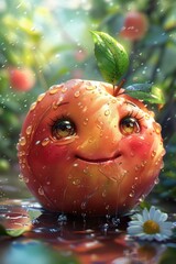 Cute image of a happy cartoon apple with leaves on its head standing in the rain in the garden.