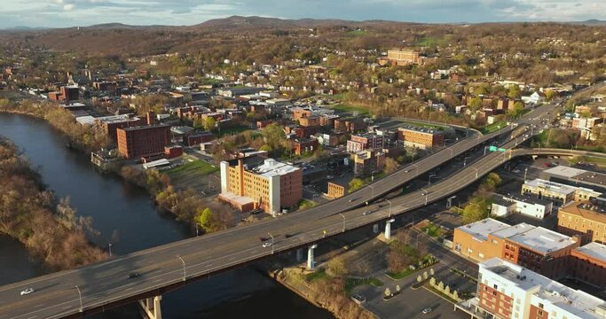 Troy, NY, USA - 04-21-2024: Late afternoon spring aerial hyper lapse video of Troy, NY.