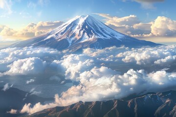 Top of Fuji-san, the highest mountain in Japan with airplane, view from rope way at Lake Kawaguchiko