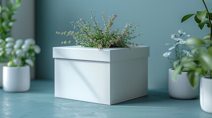 minimalist carton box mockup in a stylish interior with neutral grey and white tones for product presentation