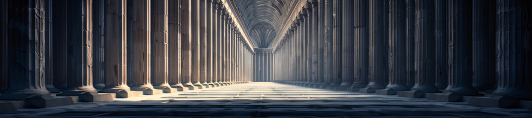 Majestic hall with tall, evenly-spaced columns, dramatic lighting, and a long, narrow pathway leading toward a vanishing point. - obrazy, fototapety, plakaty