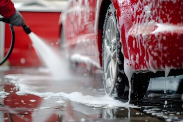 Professional using highpressure washer to rinse smart soap foam off red car. Concept Car Detailing, High-Pressure Cleaning, Smart Foam Wash, Professional Equipment, Red Car