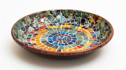 Obraz premium A ceramic plate with a mosaiclike design made up of small layered tiles in various colors and shapes..