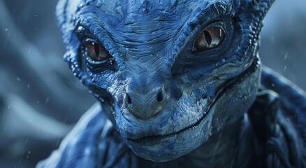 Close-up of a realistic blue reptilian alien under a light rain