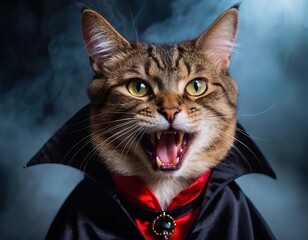 Pet costume, funny cat in vampire clothes. International Vampire Day concept, Dracula, Halloween costume, poster, print, design card, banner, flyer, placard