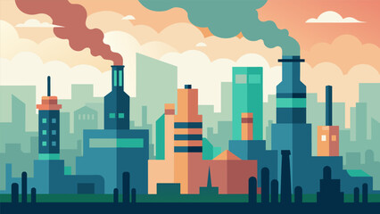 A city skyline with layers of smog pollution caused by the production of plastic emphasizing the link between plastics and greenhouse gases.
