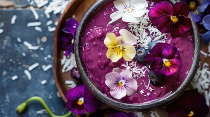 Acai berry smoothie bowls garnished with coconut flakes and edible flowers, elevating the presentation of these nourishing superfood treats.