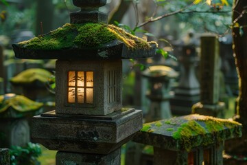 Moss-covered stone lantern glowing in a serene forest at dusk