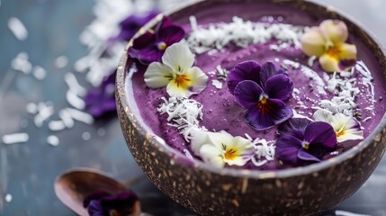 Obraz na płótnie Canvas Acai berry smoothie bowls garnished with coconut flakes and edible flowers, elevating the presentation of these nourishing superfood treats.