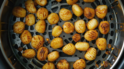 Crispy golden gnocchi prepared in an air fryer, top view