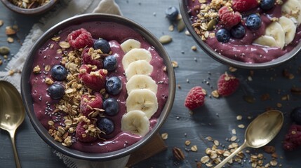 Acai smoothie bowls topped with granola, fruits, and seeds, offering a nutritious and energizing breakfast option.