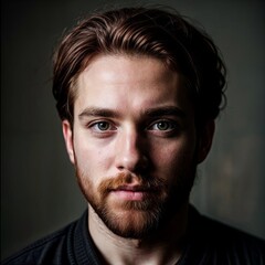 Fototapeta premium Man with black hair and beard, no expression, staring at camera in dark room