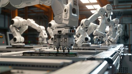 Advanced robotic arms assembling electronic components in a state-of-the-art manufacturing facility, showcasing high-tech production processes.