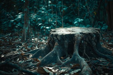 Mystical tree stump in a dark forest