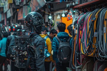 Fototapeta na wymiar Futuristic robot exploring an urban market