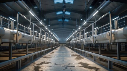 Automated milking systems in a dairy farm, improving efficiency and animal welfare with advanced agricultural technology.