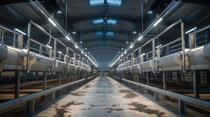 Obraz premium Automated milking systems in a dairy farm, improving efficiency and animal welfare with advanced agricultural technology.