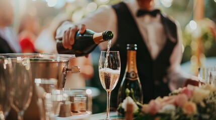 bartender pouring a glass of sparkling wine at a wedding reception, symbolizing the joy and celebration of the occasion. - obrazy, fototapety, plakaty