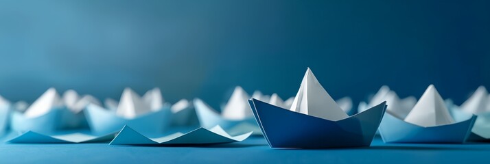 a group of paper boats sitting on top of a blue surface with one boat in the middle of the group