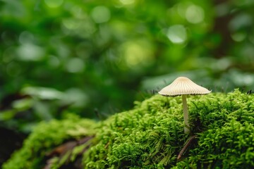 Solitary mushroom on a mossy forest floor