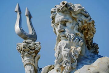 Fototapeta premium a statue of a man holding a snake on top of a building with a sky background in the background