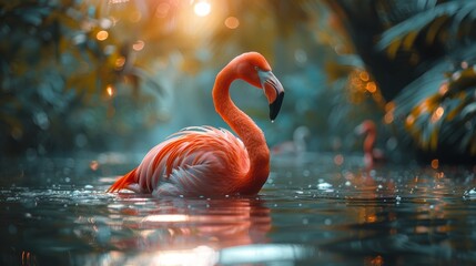 Fototapeta premium Majestic flamingo in serene waters at sunset