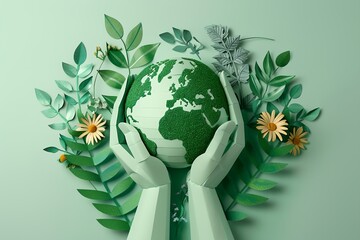 a green earth surrounded by flowers and leaves with hands holding it up to it's face, with a green background