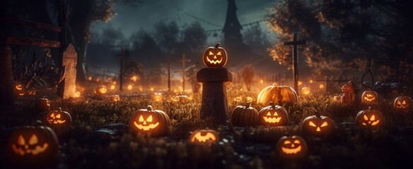a group of pumpkins sitting in the grass with a cemetery in the background at night with lights on..