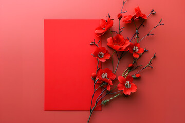 Stylish elegant red flat lay floristic greeting invitation post card, copy space mockup. - obrazy, fototapety, plakaty