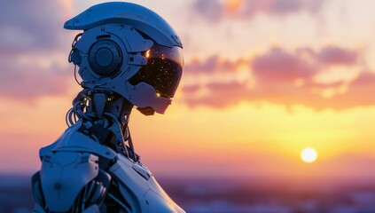 Futuristic Robot Gazing at Sunset