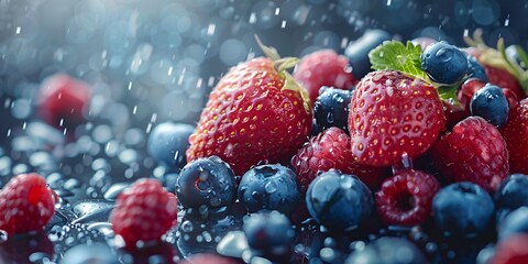 Close-up of fresh strawberries, blueberries, and raspberries with water droplets and soft lighting.