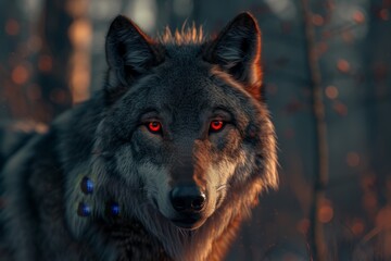Intense gaze of a wolf in a mystical forest at sunset