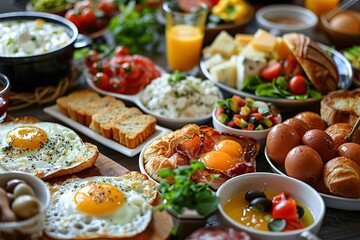 An elaborate breakfast spread with eggs, bacon, cheese, pastries, and fresh vegetables.
