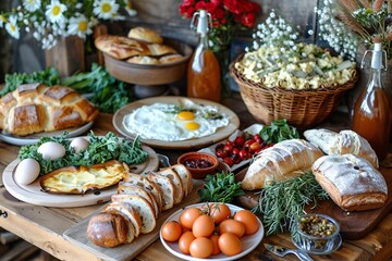 A rustic breakfast spread featuring various breads, eggs, and fresh vegetables.